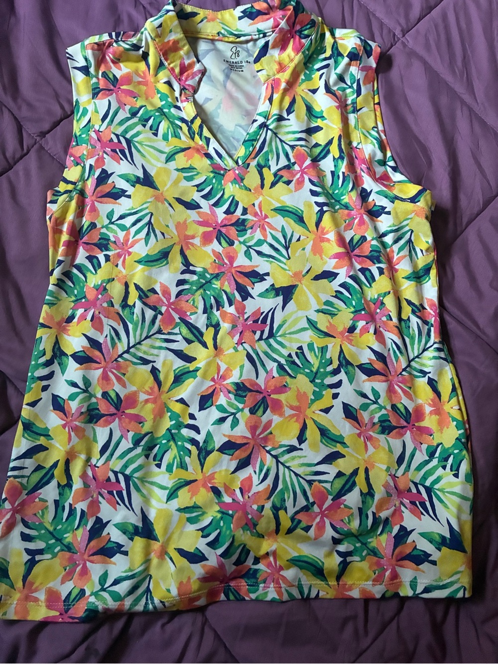 Emerald Sleeveless V-Neck Floral Tank Top in Yellow, Pink & Green